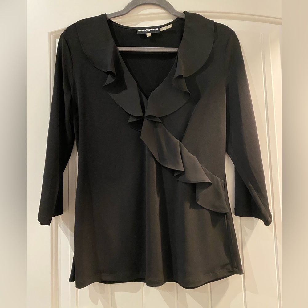 Karl Lagerfeld black ruffle 3/4 length shirt